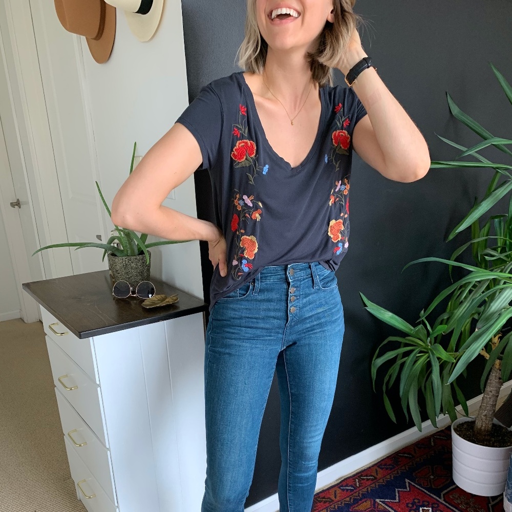 American Eagle Soft Tee with Floral Embroidery